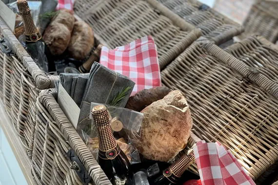 Picnickurv med rødternet dug og brød